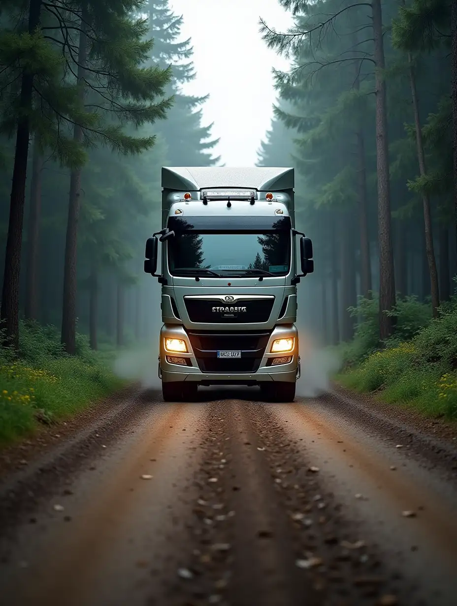 A large truck is moving through the forest. The camera angle is from the front.