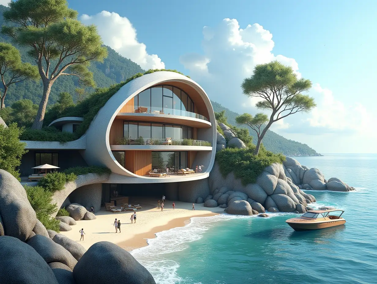 Create a high-resolution, realistic panorama image of a futuristic terrace building with snail house windows bridge, a yacht and a small boat beach with people, many plants and grey and brown facades with sea waves, big trees, blue sky