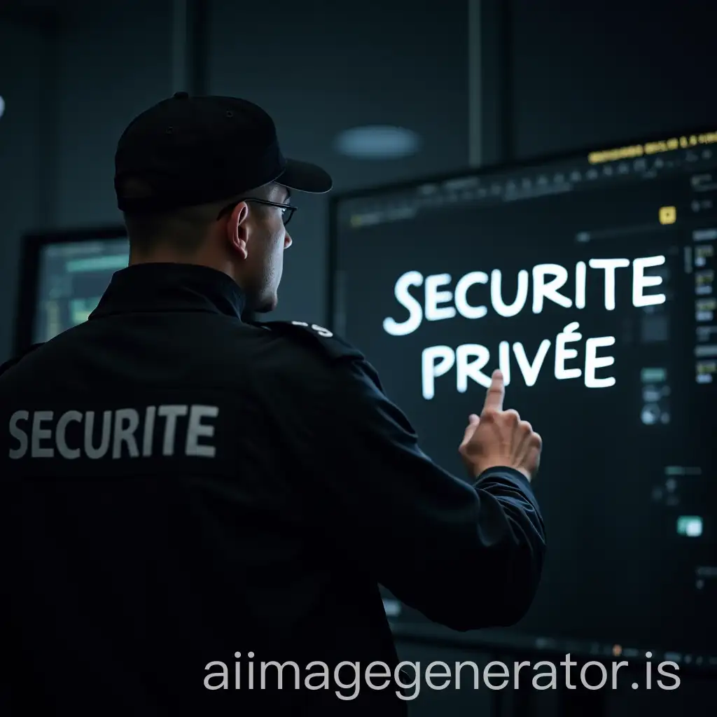 For a private security company, the cover image of your website should evoke trust, protection and professionalism. Here's a suggestion for an image: Scene: A security guard in a black uniform writes SECURITE PRIVEE on a site like a construction site, watchfully surveying from a control post. There might be visible technological elements, like a surveillance monitor. Mood: Dim lighting, with dark and serious colors such as black, to reinforce the notion of security and reliability. The image could also include elements of modern infrastructure, like security cameras and surveillance systems. Message: The image should convey a sense of vigilance, calm and protection, showing that the company is watching over its clients' security 24/7.