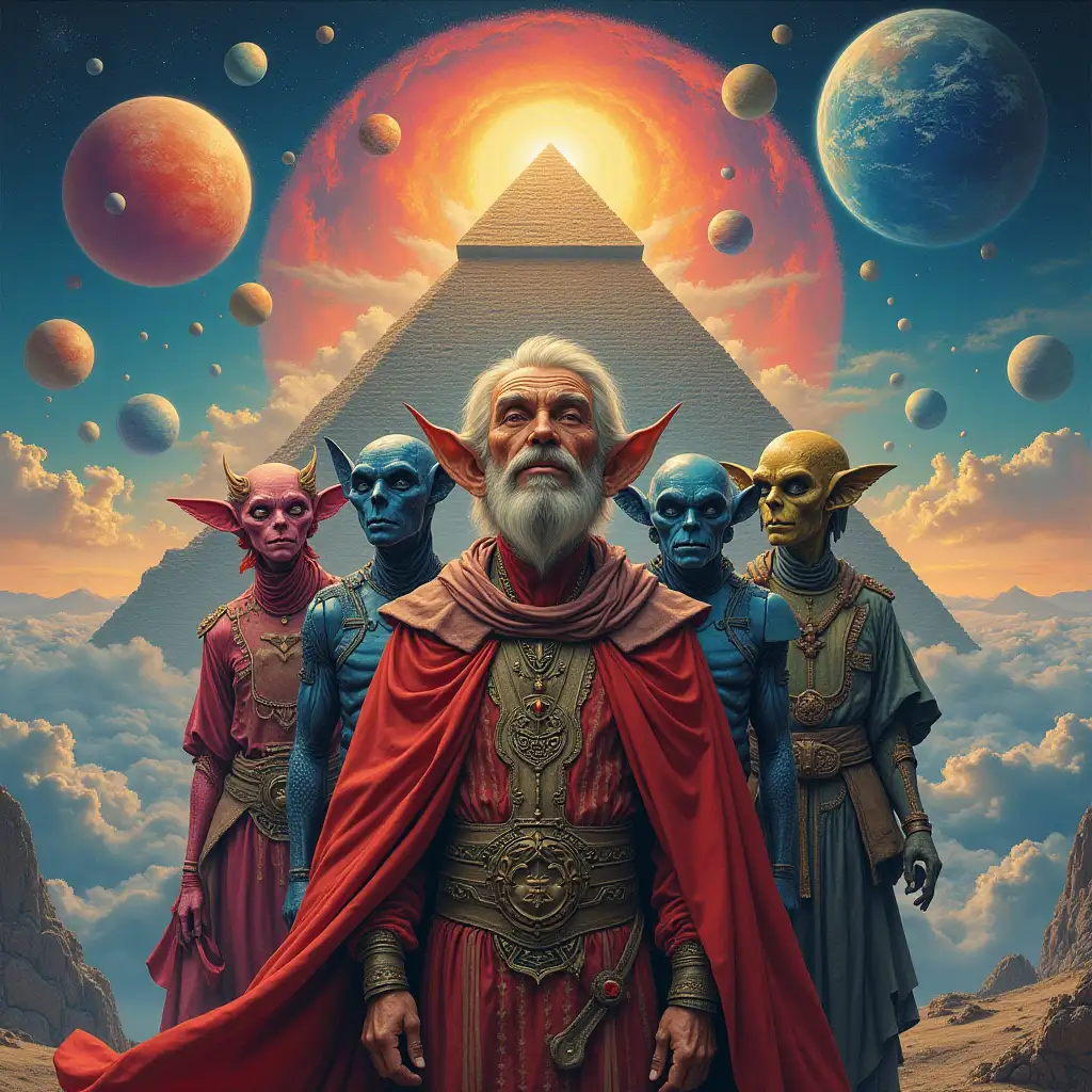 Ultradetailed hyperrealistic portrait  Multiverse time traveler with various different alien beings The elaborately detailed, colorful planets with a pyramid, in the background mountains and sea