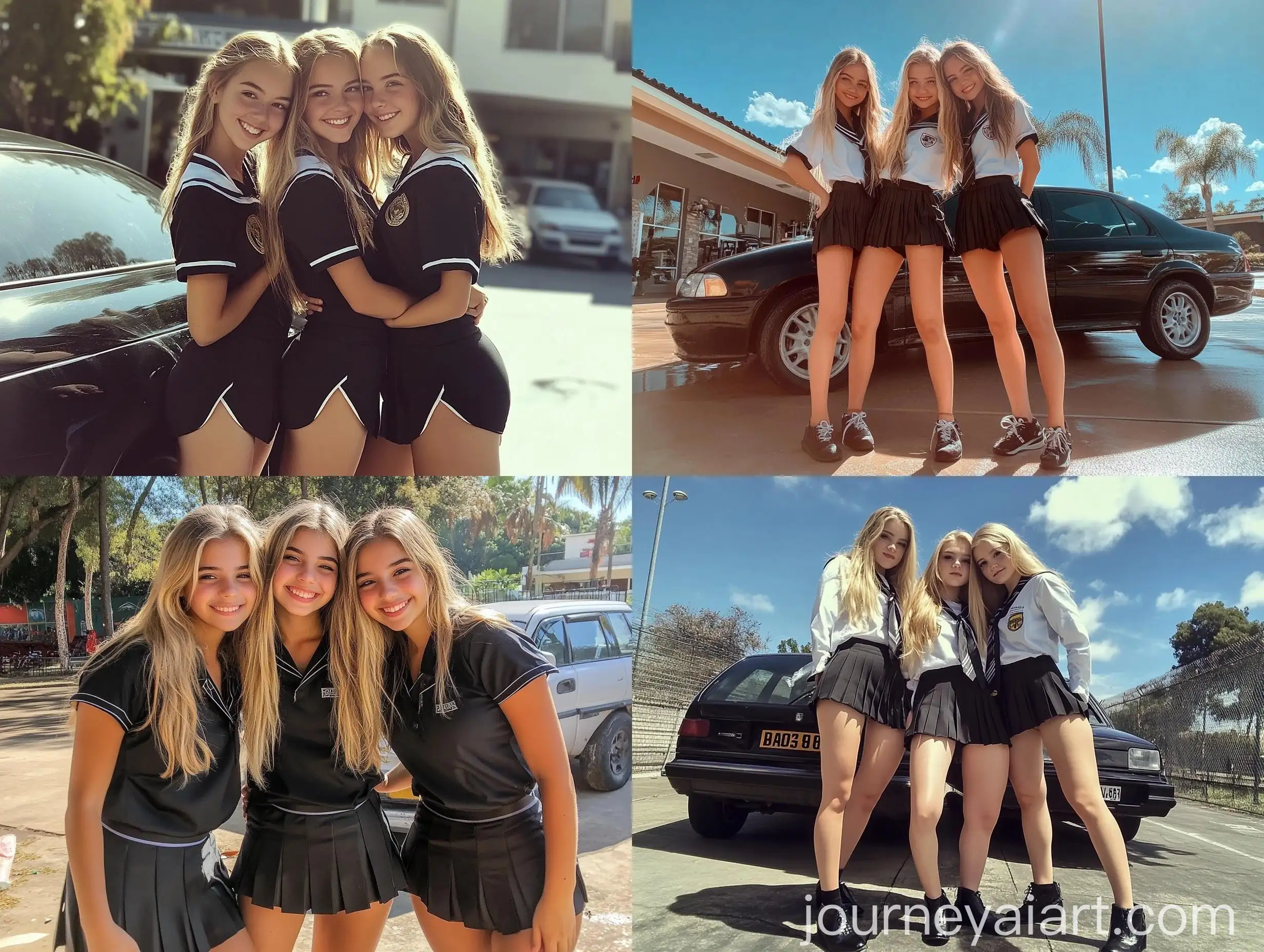 Three-Women-Posing-in-School-and-Gym-Attire-on-a-Sunny-Day
