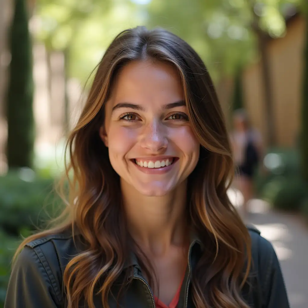 University Student with slightly blurred tuscan gardens or library academic background. centered in frame. Close-up view showing head and upper torso.