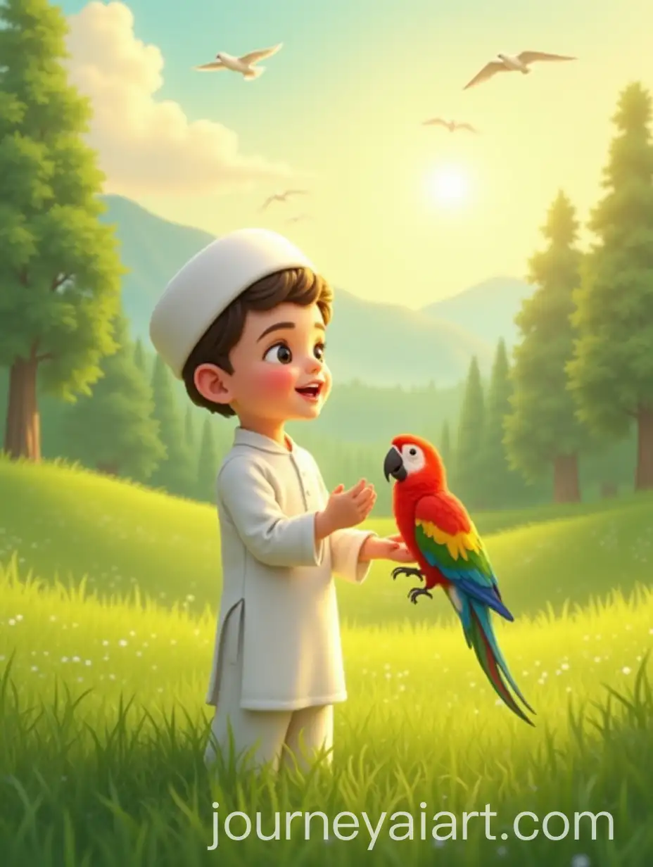 Islamic-Boy-Reciting-Pehla-Kalma-in-Peaceful-Garden-with-Colorful-Parrot