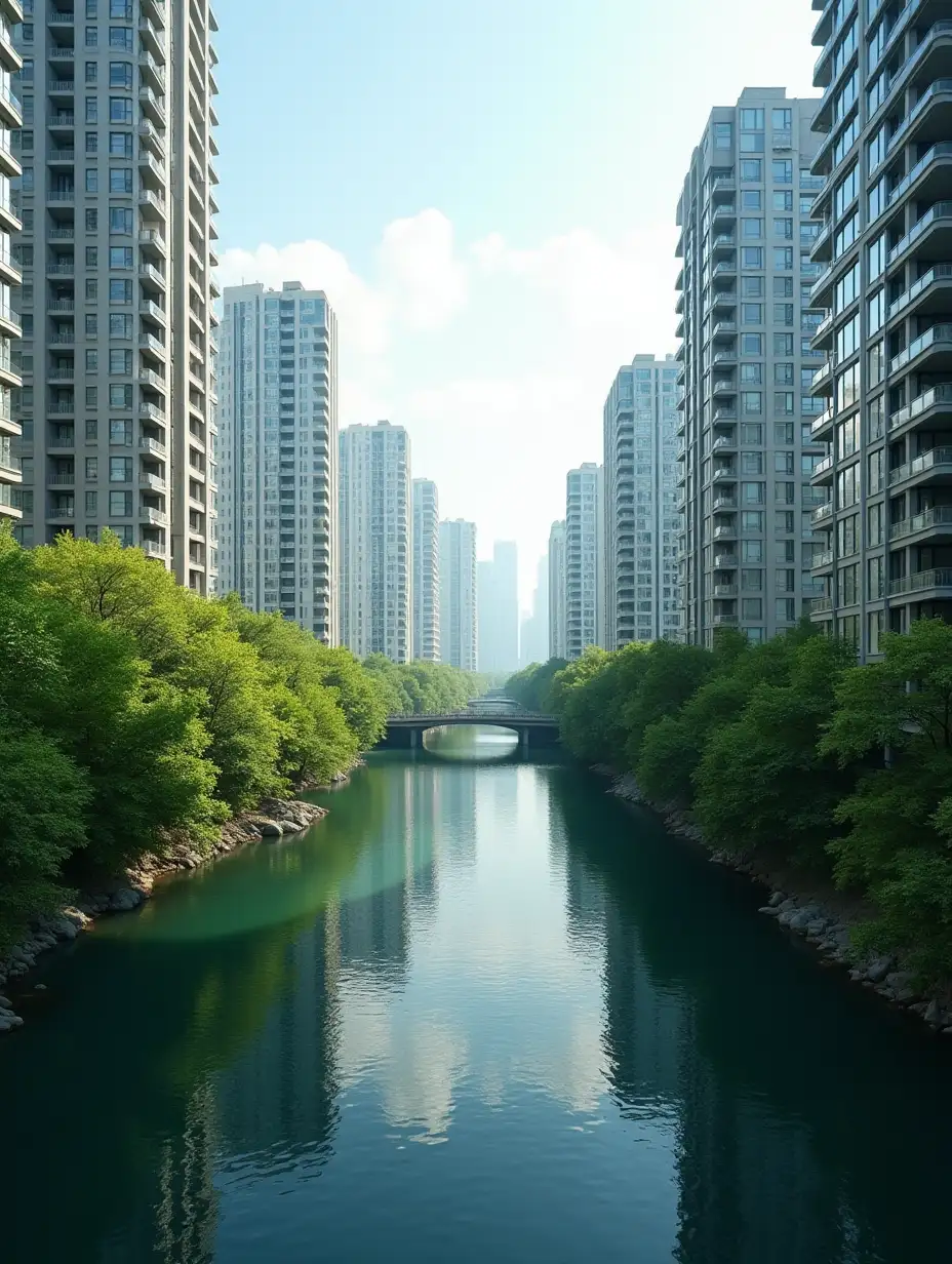 GroundLevel-Scene-of-Greenery-Overlooking-River-with-Urban-Skyline-in-a-Metropolitan-City