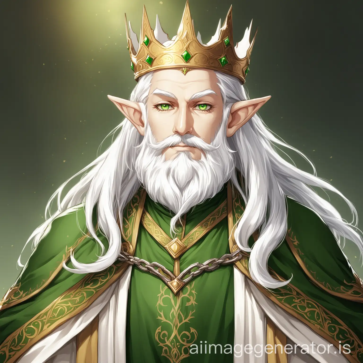 An adult elf with white hair and green eyes. A white beard. Wearing a king's attire.