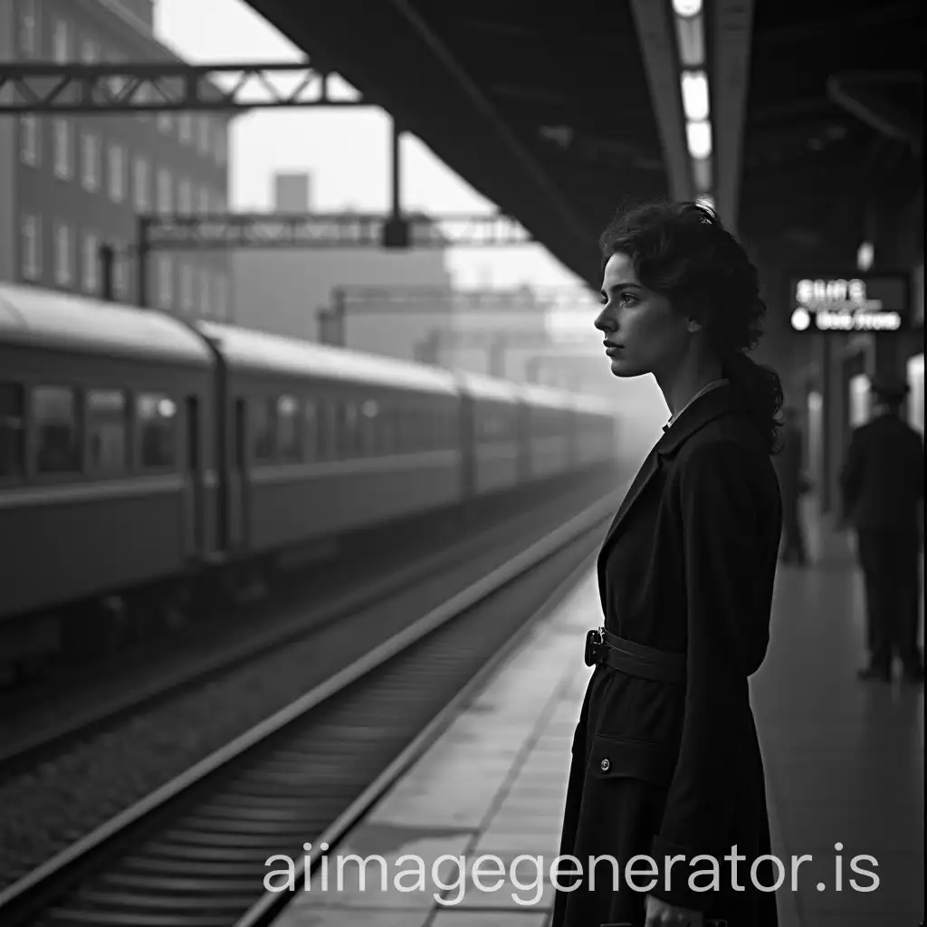 Young-Woman-Watching-Train-Departing-at-1930s-Train-Station