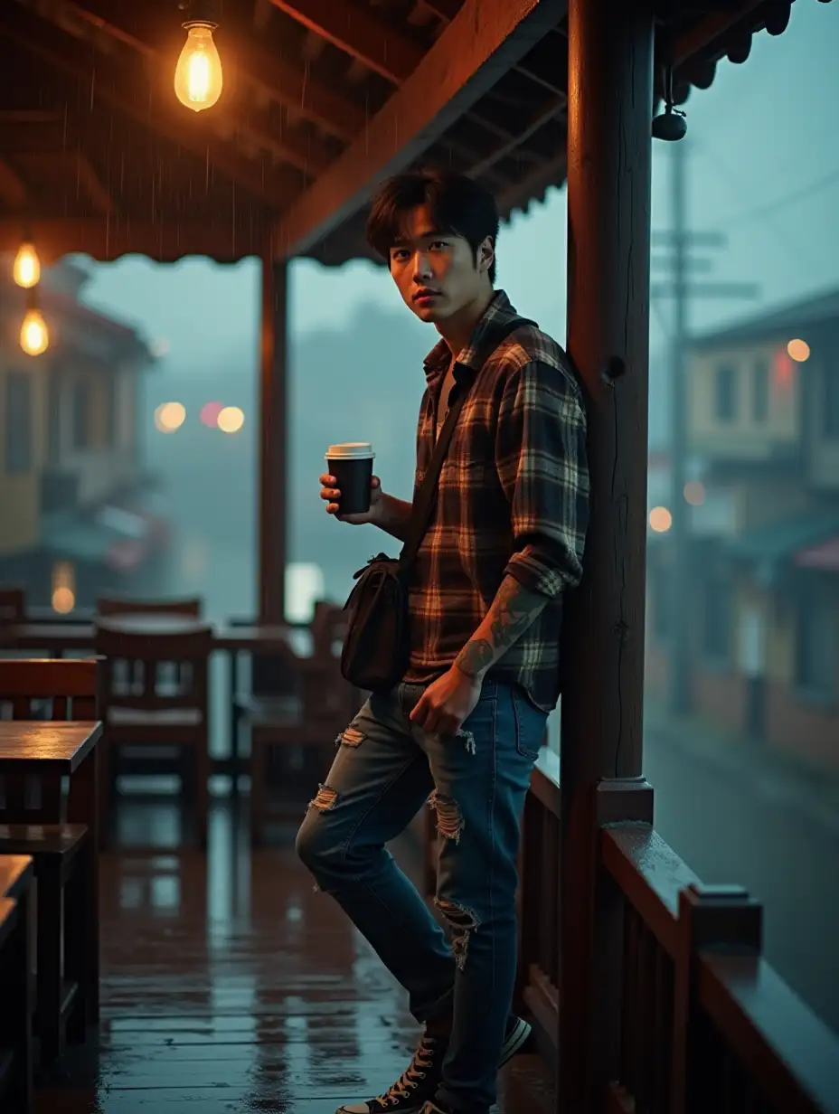 Korean-Man-with-Tattoos-Holding-Coffee-in-Rainy-Old-Town-Cafe