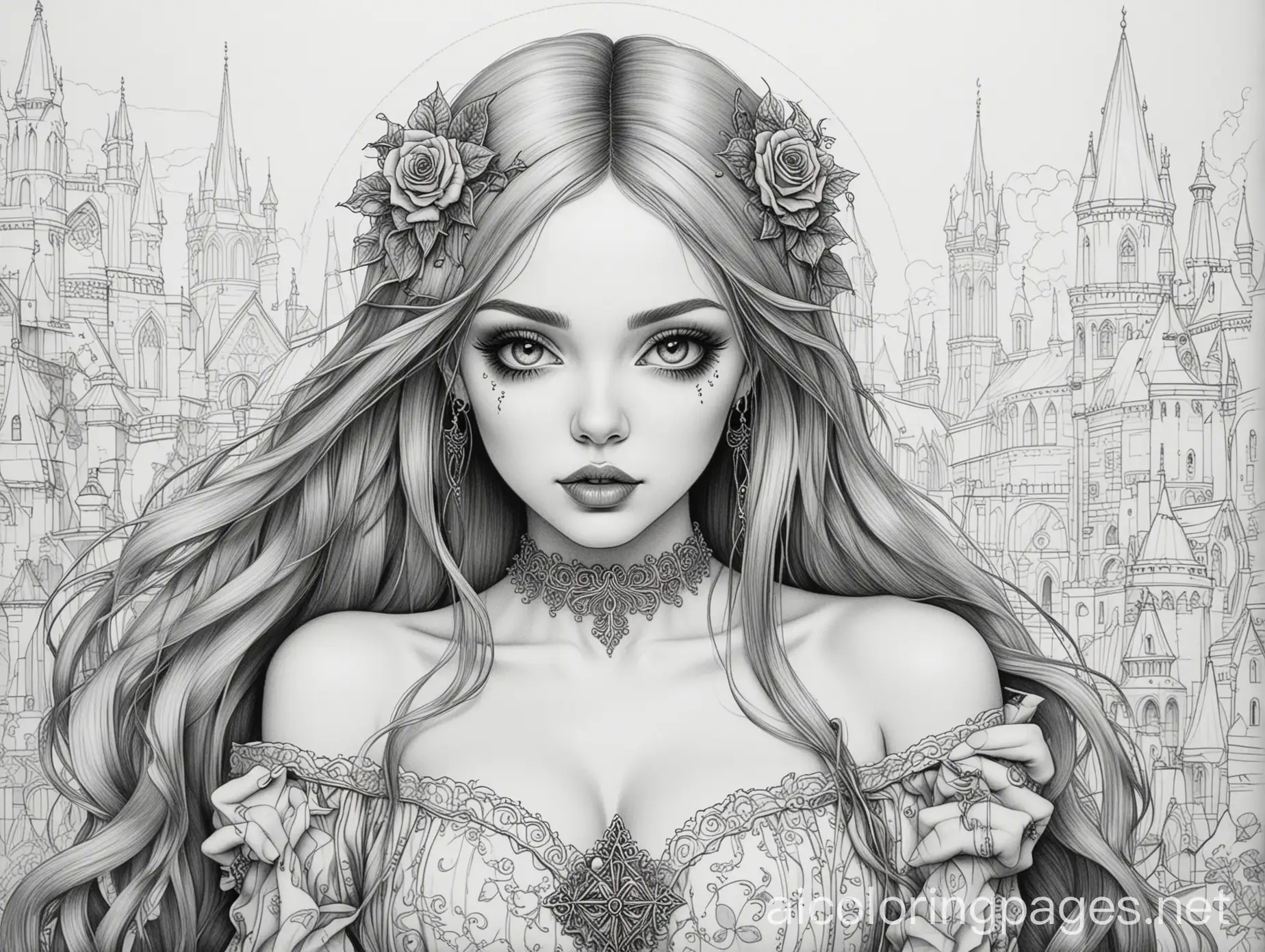 Gothic-Beautiful-Women-Coloring-Page-Black-and-White-Line-Art