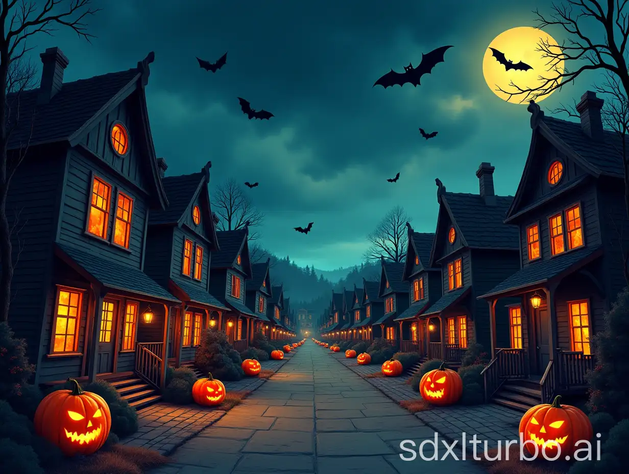 An illustration of a Halloween-themed town with pumpkin lanterns, bats flying, and ghosts wandering the streets.