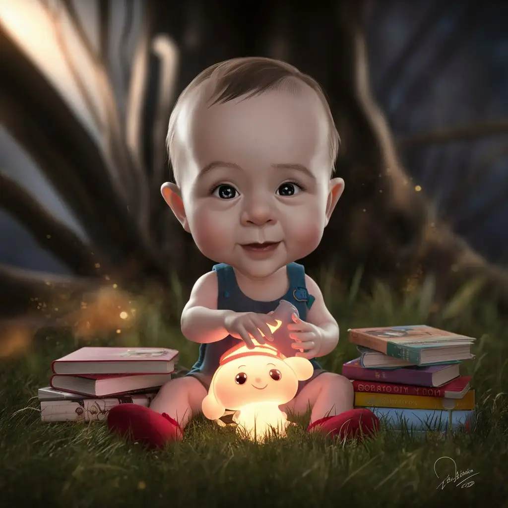 3D-Realistic-Cartoon-Style-Caricature-with-Baby-Playing-with-Cinnamoroll-Toy