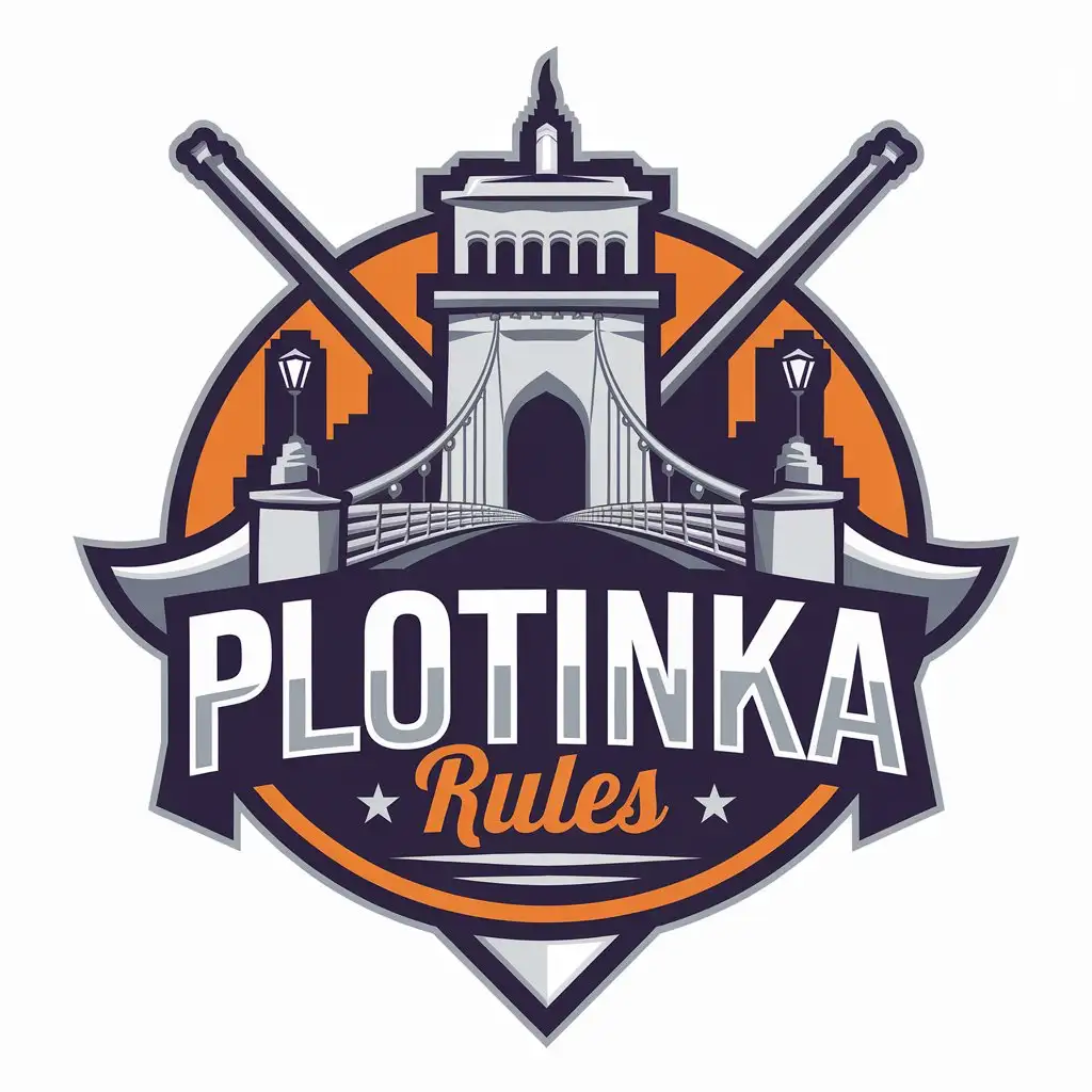 a vector logo design,with the text "Plotinka Rules", main symbol:Bridge in the center of the city Yekaterinburg,complex,be used in Travel industry,clear background