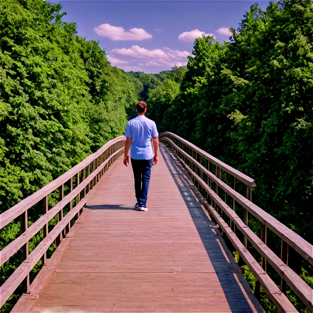 PNG-Image-Man-Walking-Backwards-on-a-Long-Bridge-Surrounded-by-Green-Trees-and-Blue-Sky