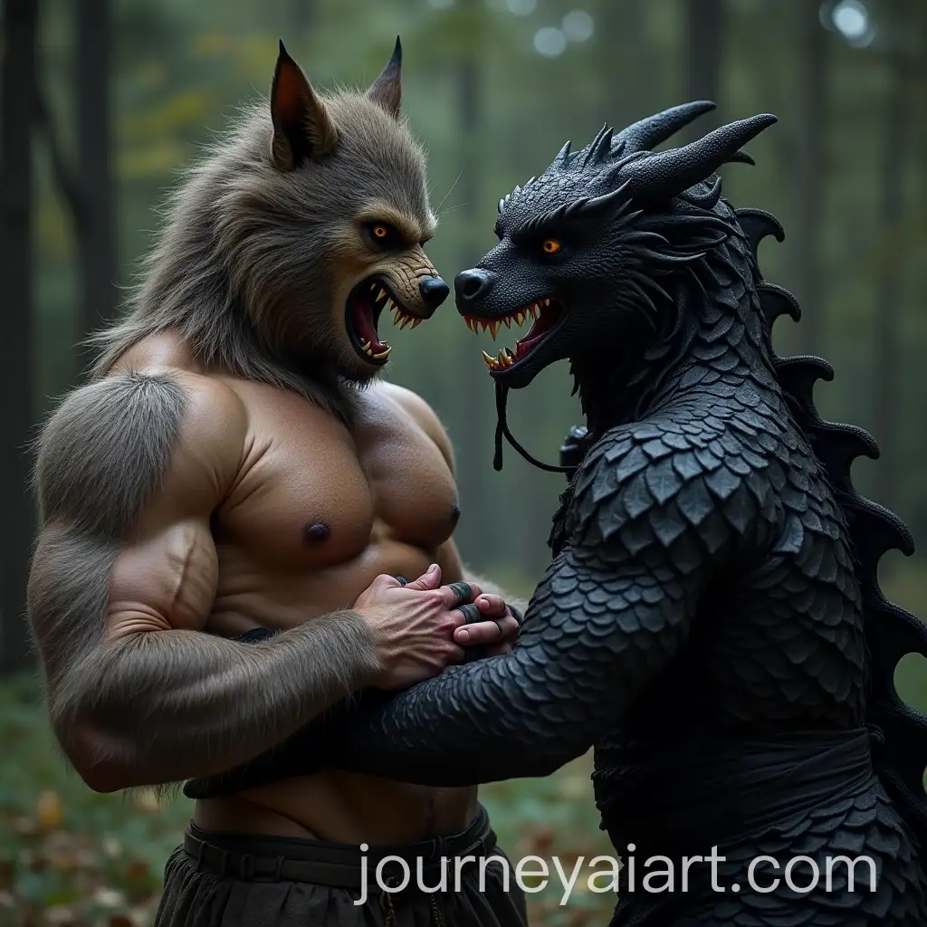 Muscular-Man-in-Werewolf-Costume-Captured-by-Dragon-CostumeWearing-Man