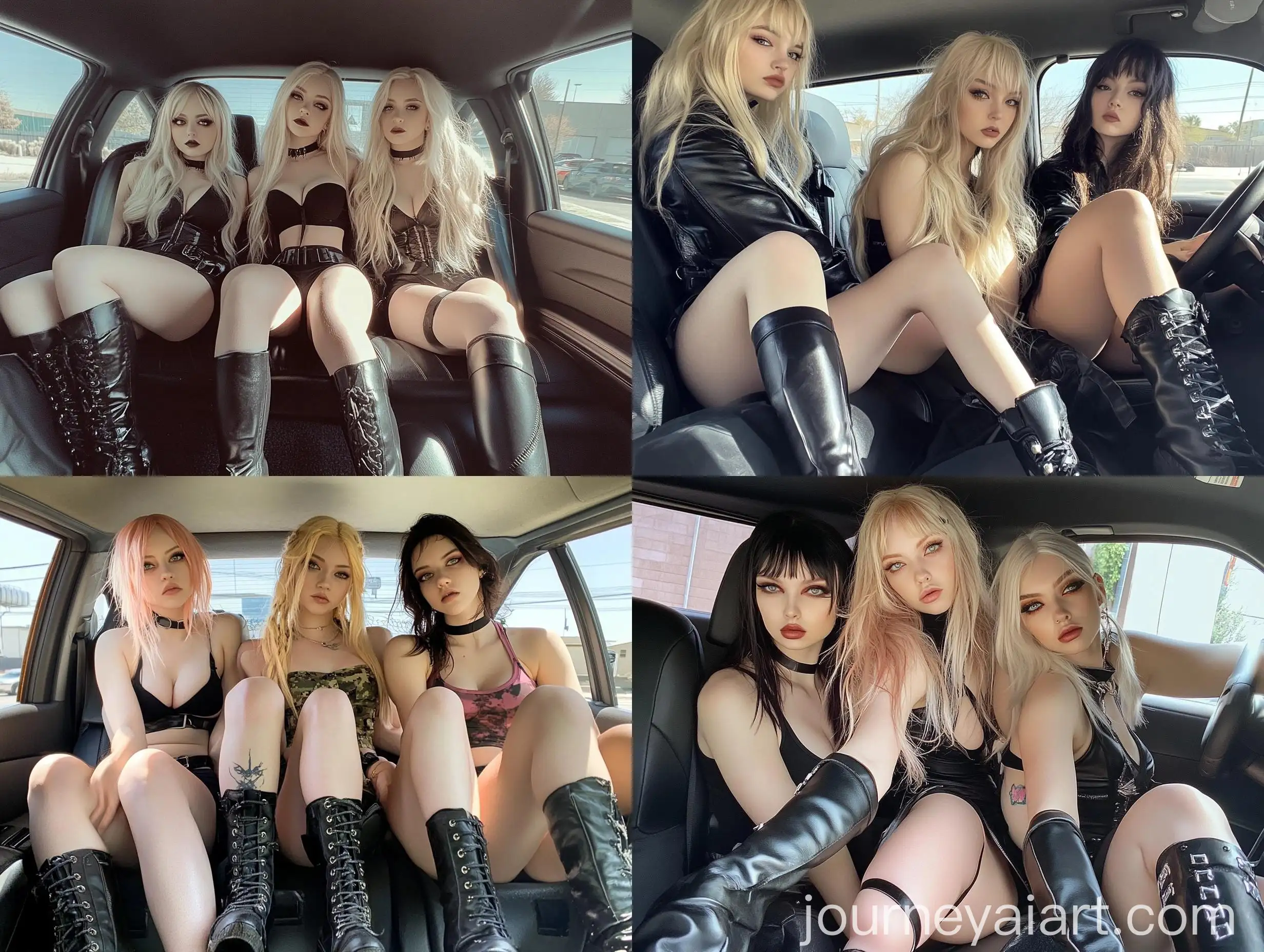 Three-Girls-in-Car-Front-View-Cosplaying-with-Gym-Body-Sculptures