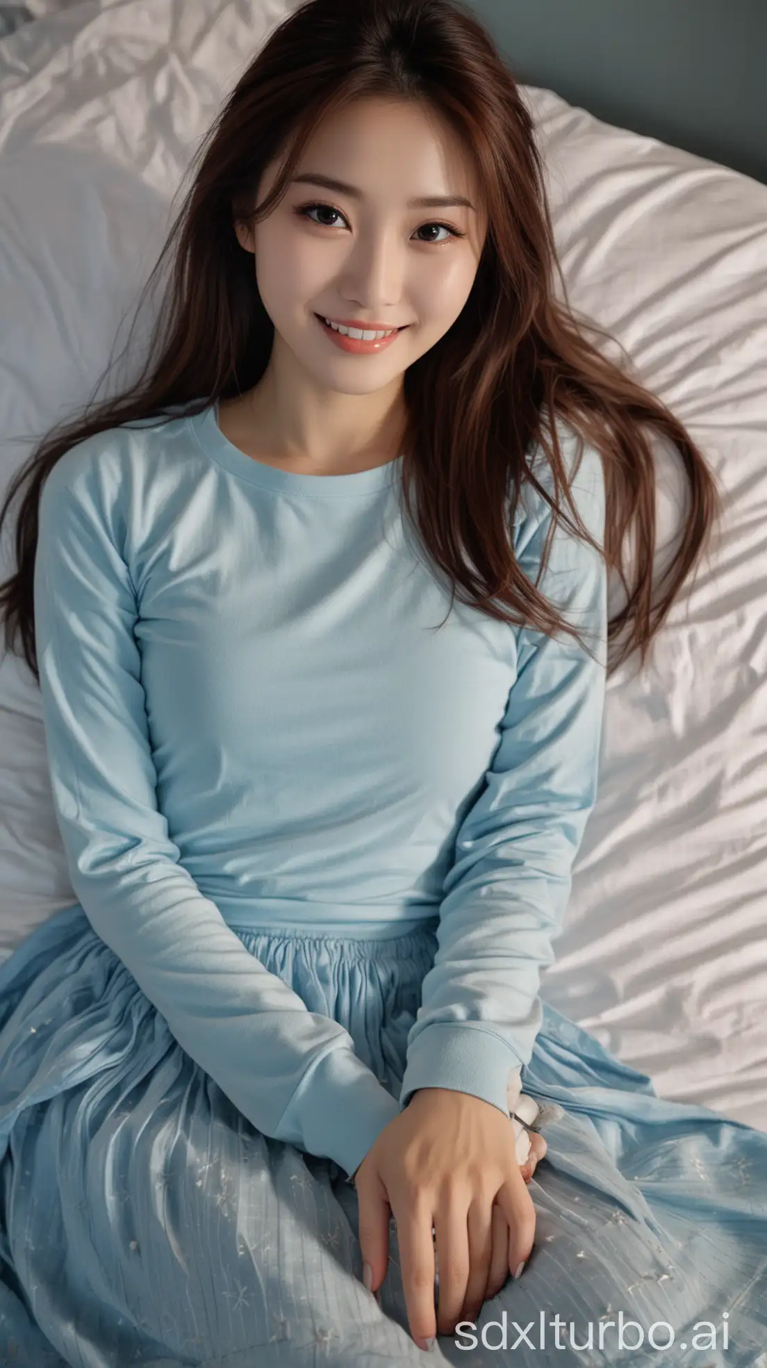 Chinese-Woman-with-Sweet-Smile-in-Winter-Night-Lying-on-Bed-in-Tight-TShirt-and-Long-Skirt