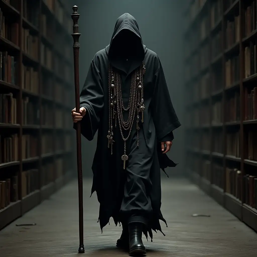 Mysterious-Man-with-Keys-Walking-Through-a-Dark-Library