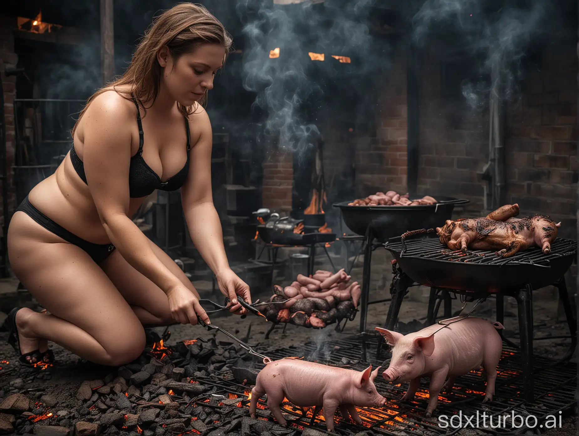 Thick-Woman-Roasting-Piglet-on-Grill-Dramatic-Lighting-and-Raw-Photography