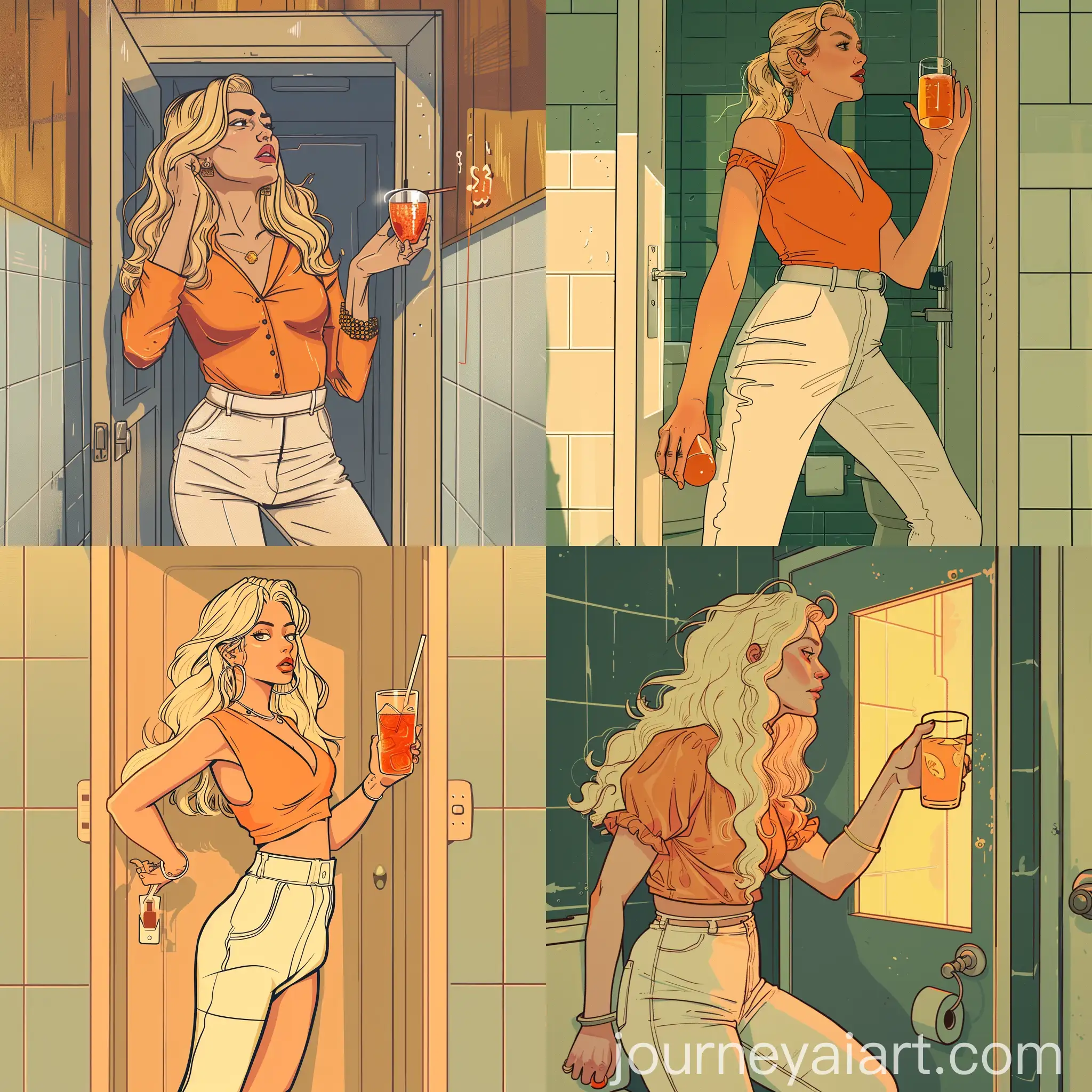 Blonde-Woman-Trying-to-Open-Door-with-Aperol-Spritz-in-Comic-Style