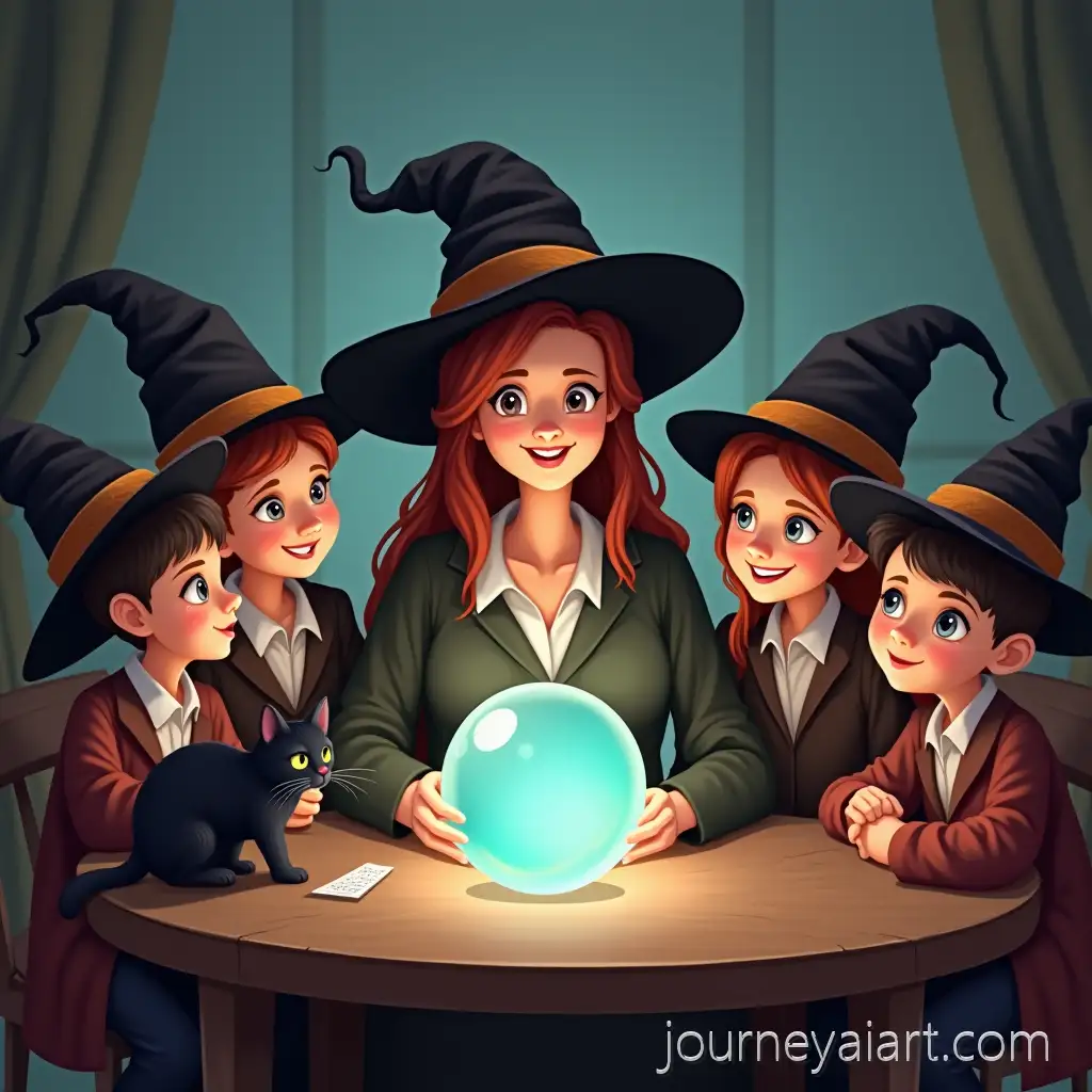 FemaleMagical-classroom-scene-Teacher-and-Students-with-Magician-Hats-and-Crystal-Ball-in-Positive-Classroom-Atmosphere