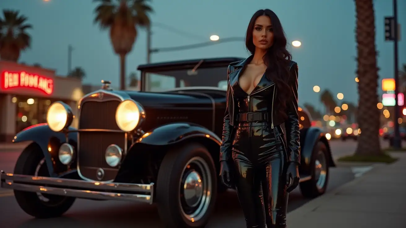 Woman-in-Shiny-Black-PVC-Jumpsuit-Standing-Next-to-Ford-32-Hot-Rod-on-Californian-Street-at-Dusk