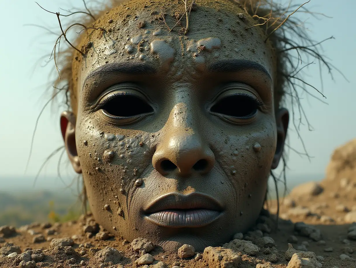 Face transformed into building with roots