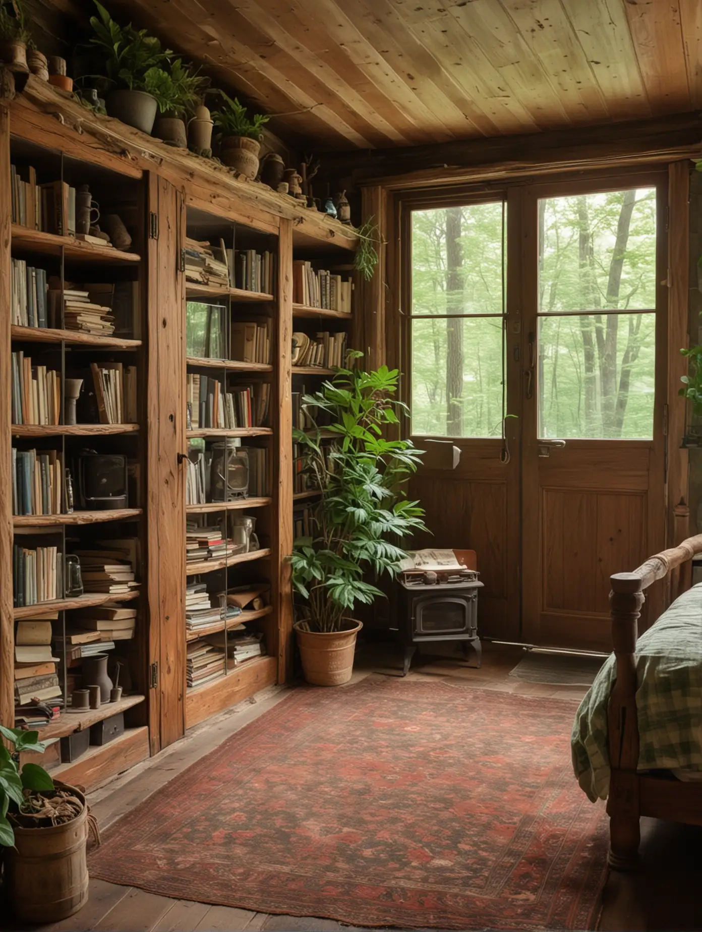 Amazing old cabine bedroom organised well ,full of large glasses doors and w large windows, a wood stove.and Brushed with green leaves ,Bookcase