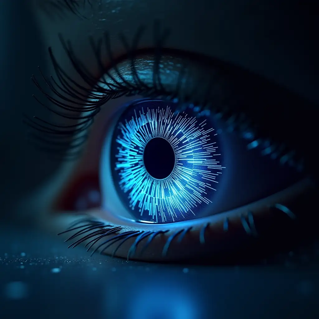 The human eye created from smartphone screens, an electronic human eye, pupil, eyelids, eyelashes in the form of electronic circuitsLight background Logo style is 3D graphics, realistic.