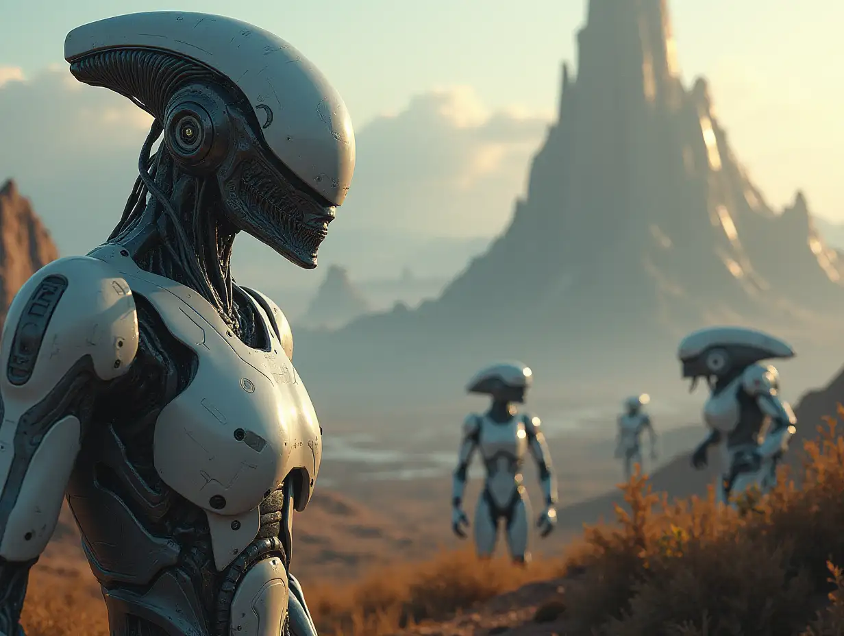 Create AI fantasy with a high-resolution, realistic image of the 40 meter tall artificial Robert and an Alien, with battle robots and cell tanks on the Alien on Pandora 4k resolution