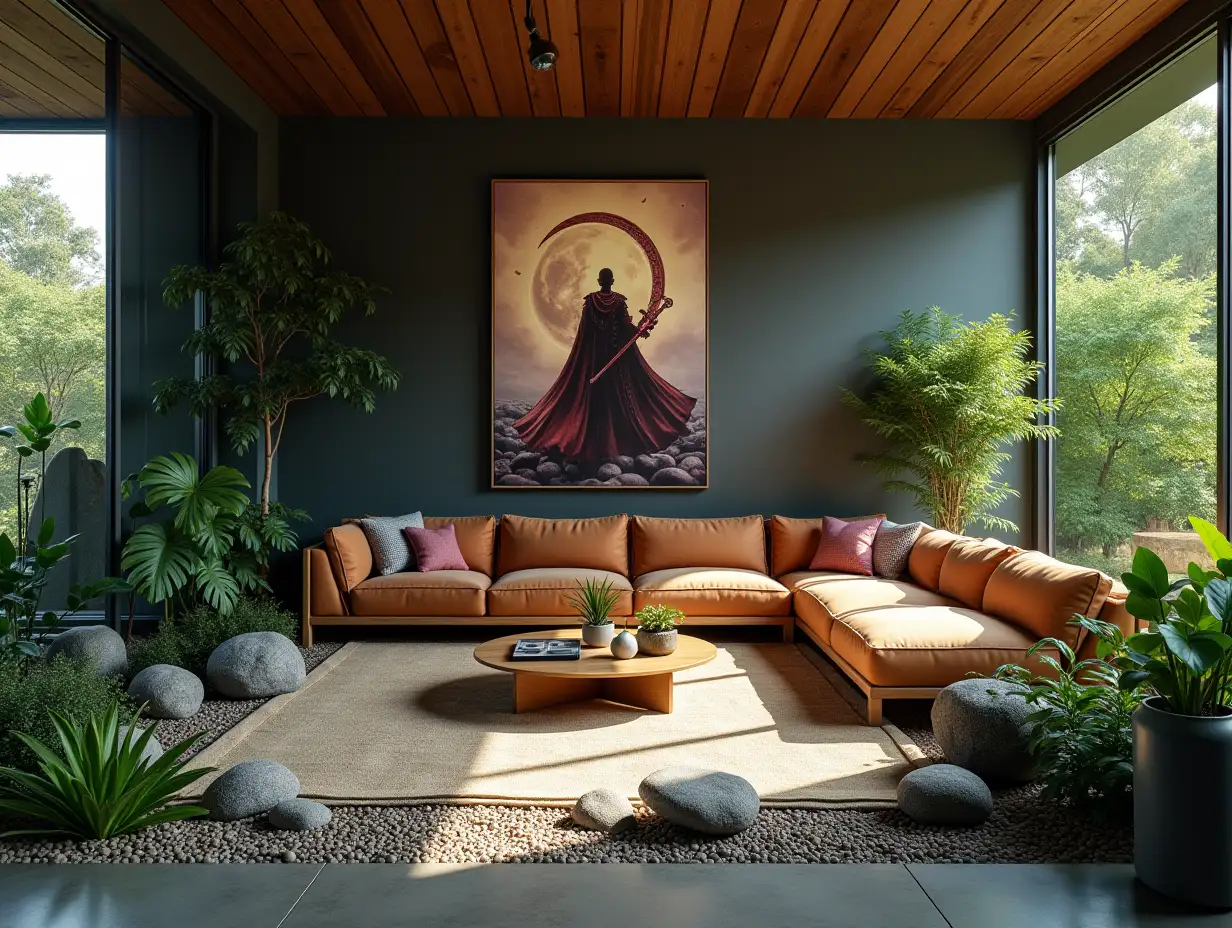 Large modern living room lighting with furniture very many plants with Demon Slayer image on the wall Zen garden with carefully tended rocks, a meditative 180 degree shots 8K resolution Colorful