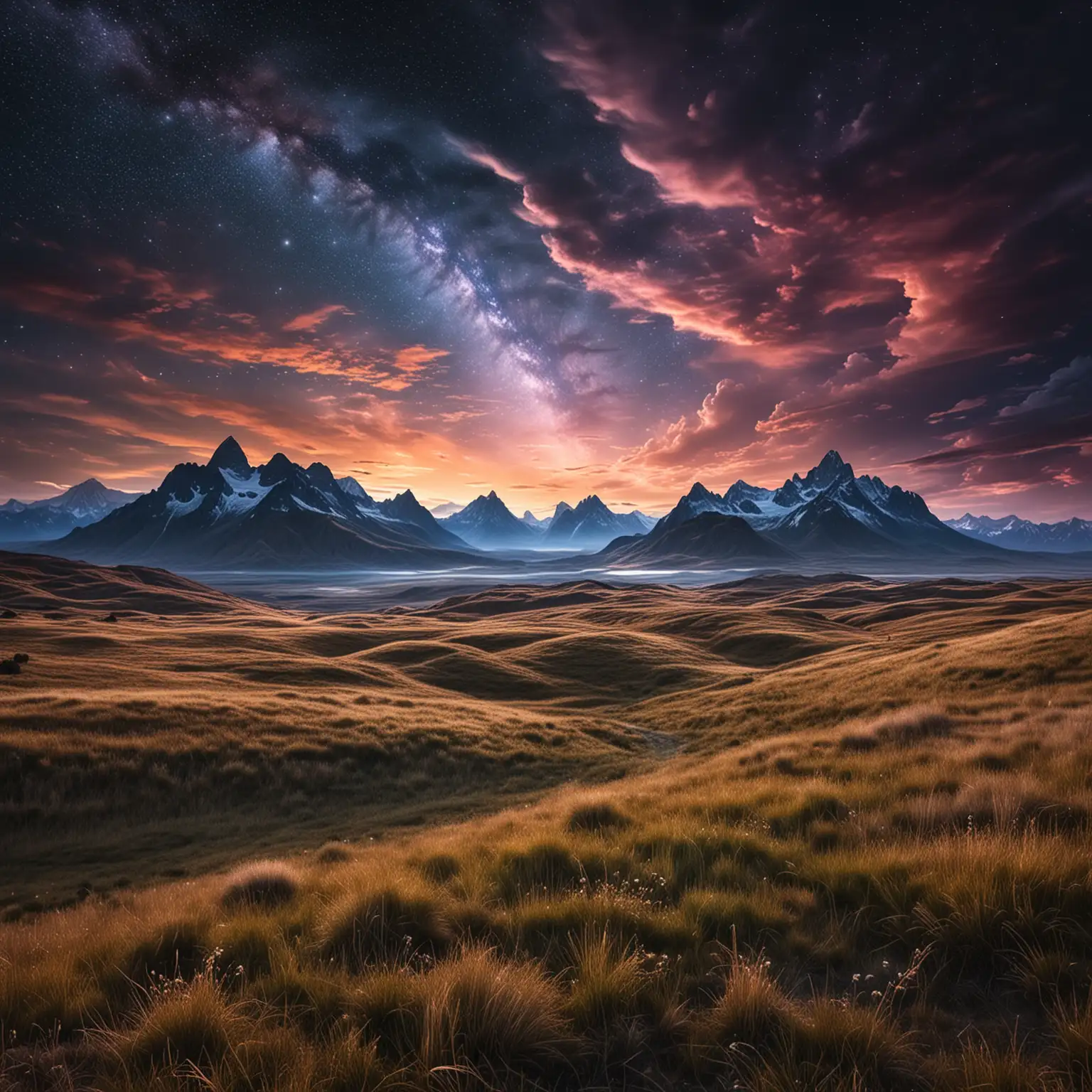 Dreamy skies, flowing galaxies, fantastic colors. The moving clouds, the light penetrating the clouds, the intense light effect, formed the extreme contrast, below is a vast grassland, and in the distance, the undulating peaks, connecting the horizon. No color close to the flesh