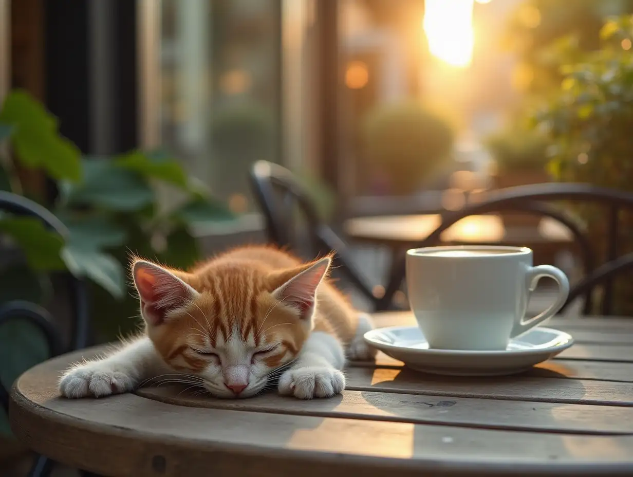 Open terrace of coffee shop, morning coffee and napping kitten on the table