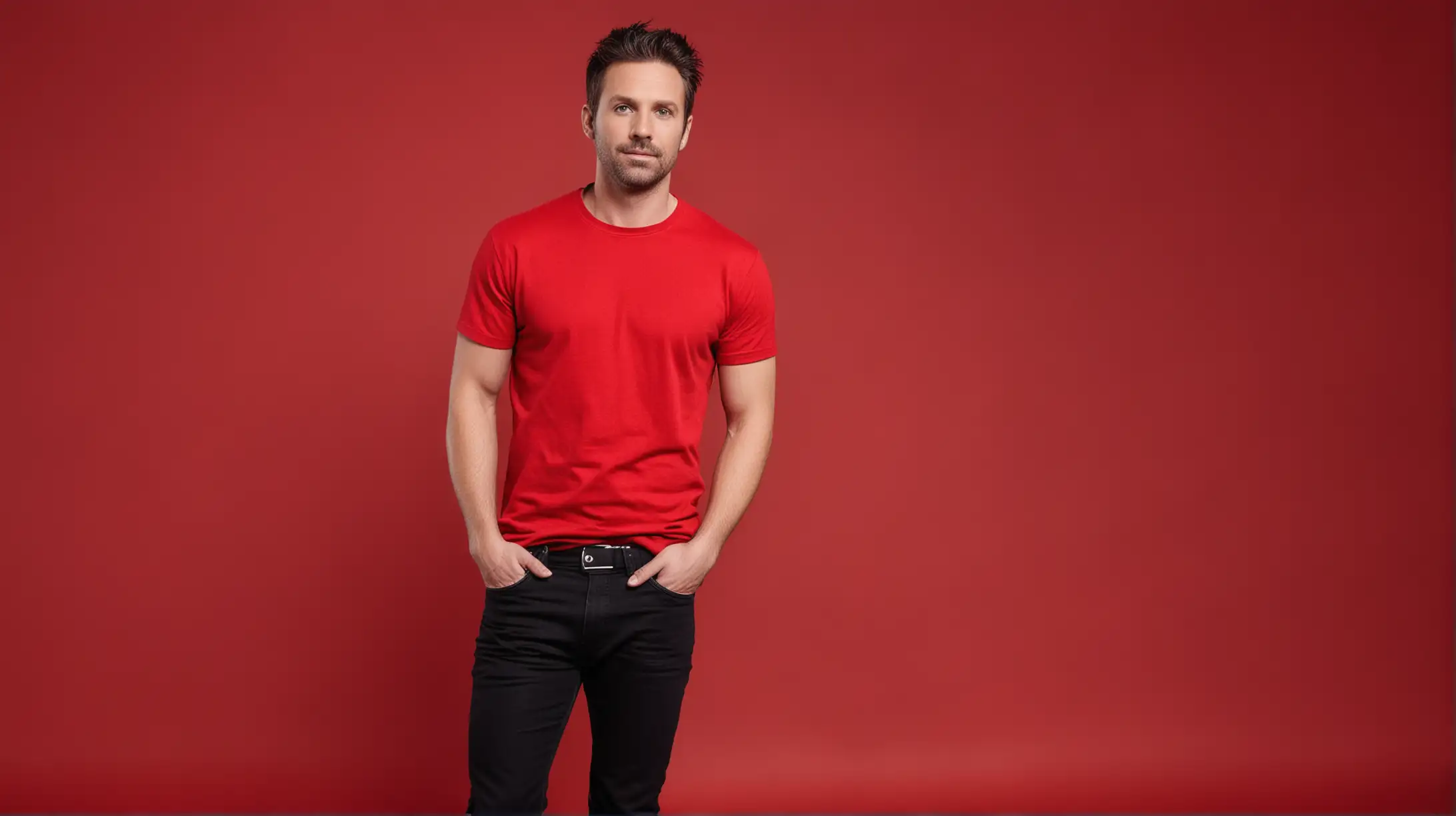 Man in Red TShirt and Black Jeans on Red Background