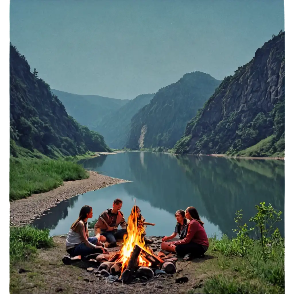 Image for a travel agency poster which include campfire , group of people , nature and a river image might be darker in colour tone