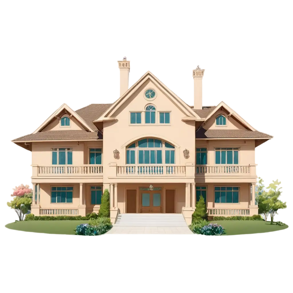 A beautiful Grand mansion, png, no background, cartoon, 2D, no trees, front view,