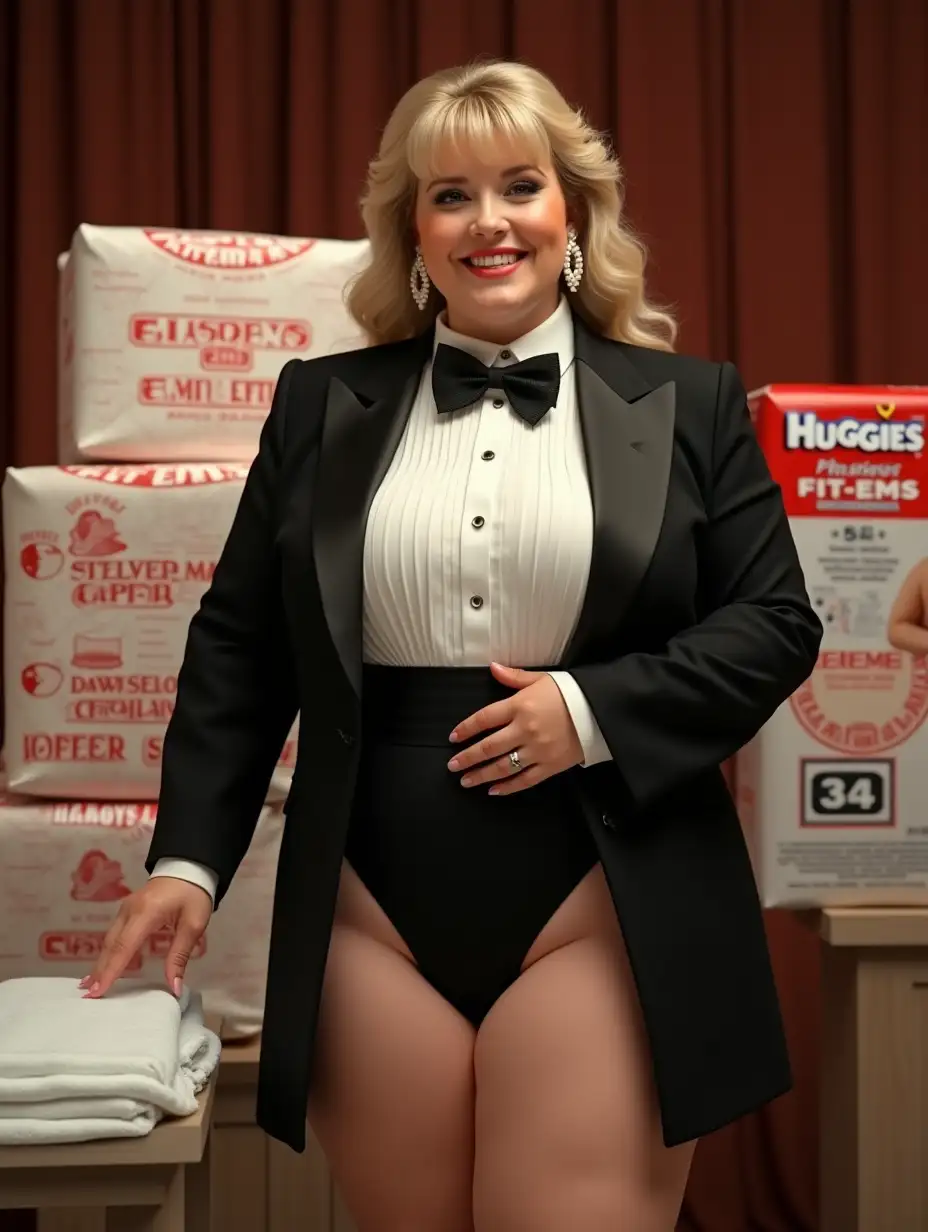 photo realistic, sweet laughing larger plump portly full-figured body type with large wide hips Caucasian white female woman, with dark blonde very tight curly 1980s hair with bangs, wearing a very formal orchestra concert tuxedo with black long sleeve high cut cropped Eton jacket, white tuxedo shirt, with tight high standing wingtip collar, and many thick vertical pleats front, black diamond point bow tie with black very thick wide adjustable neckband, black cummerbund, black high-cut spandex brief, bare legs, high heels, looking at viewer while reaching over a changing table to present a disposable diaper, for a diaper changing demonstration in a very formal diaper awards show, with a huge plastic rounded box of white and red Huggies FIT-EMS DIAPERS in the background, front pov close up view.