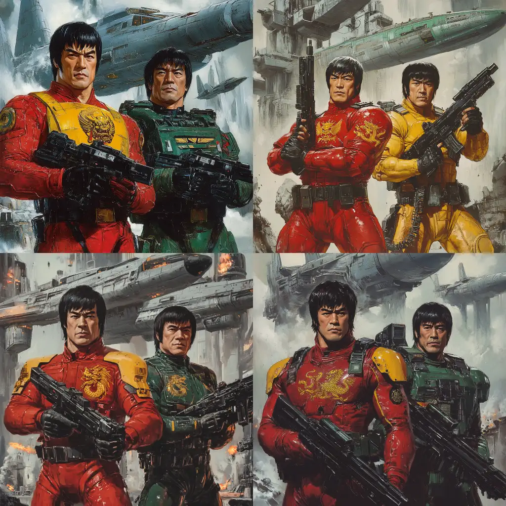 Bruce-Lee-and-Jackie-Chan-in-Red-and-Yellow-Space-Marine-Armor-with-Golden-Dragon-Emblem