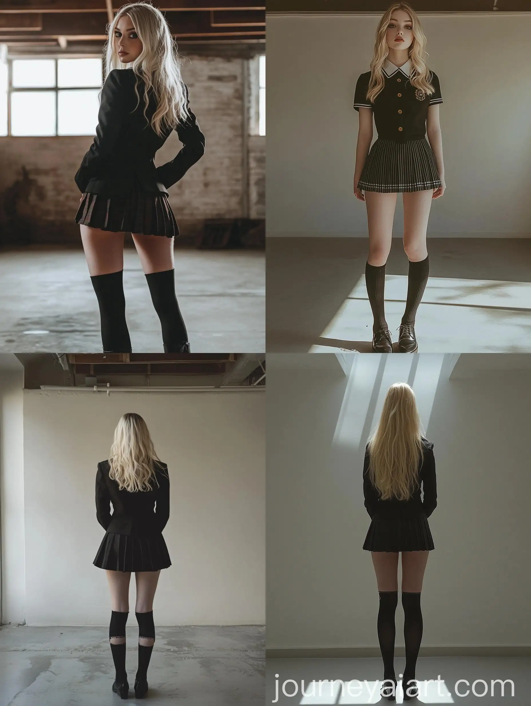 Blonde-Woman-in-School-Uniform-Poses-for-Packing-Tape-Project-Runway-Photoshoot