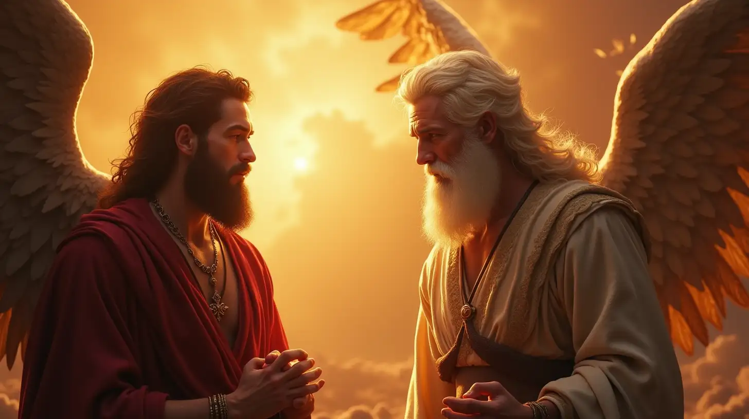 Biblical Scene Godly Man and Lucifer Conversing in Heaven