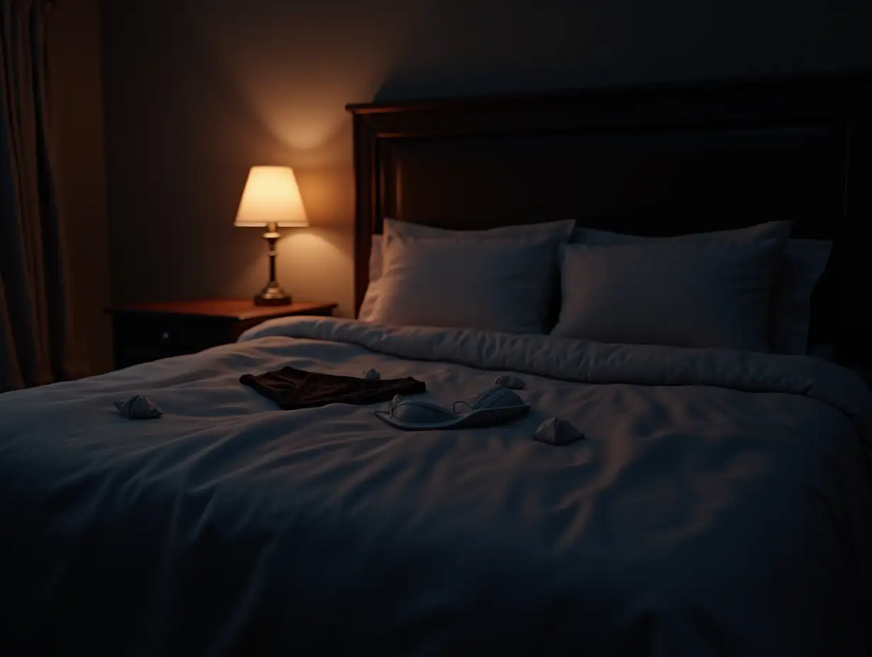 A dark bedroom scene at night, featuring a large bed in the center with a dimly lit bedside lamp casting a warm and soft glow. Panties and a bra are casually placed on the bed, with small crumpled tissues scattered on the bed. The atmosphere is intimate and warm, with highly detailed and realistic textures. Soft lighting and subtle shadows enhance the mood, rendered in a photorealistic art style, no human