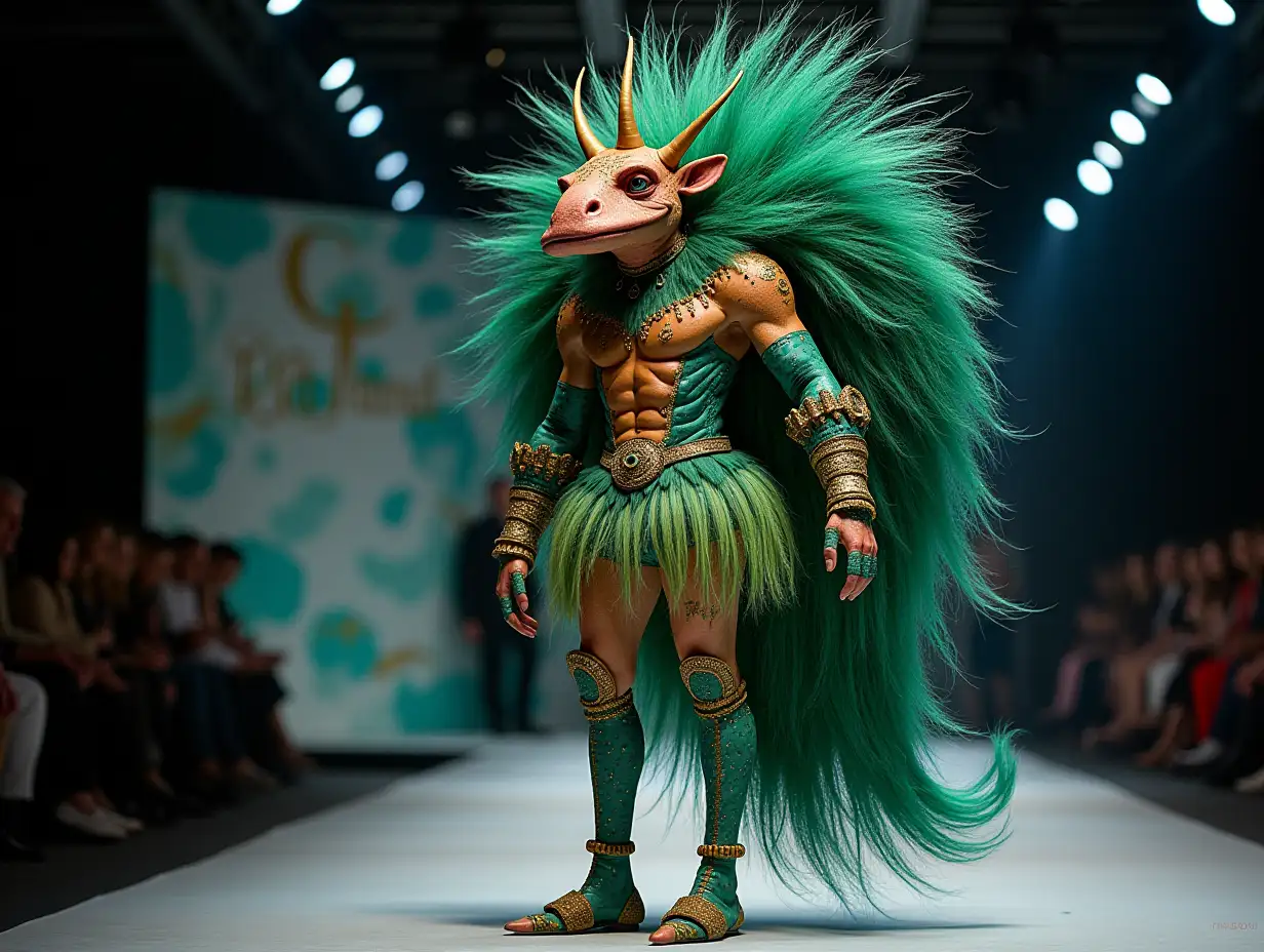 Ki-Fantasy, a mix of man-, shrek Ogre and peacock head design with beautiful shoes at a fashion show