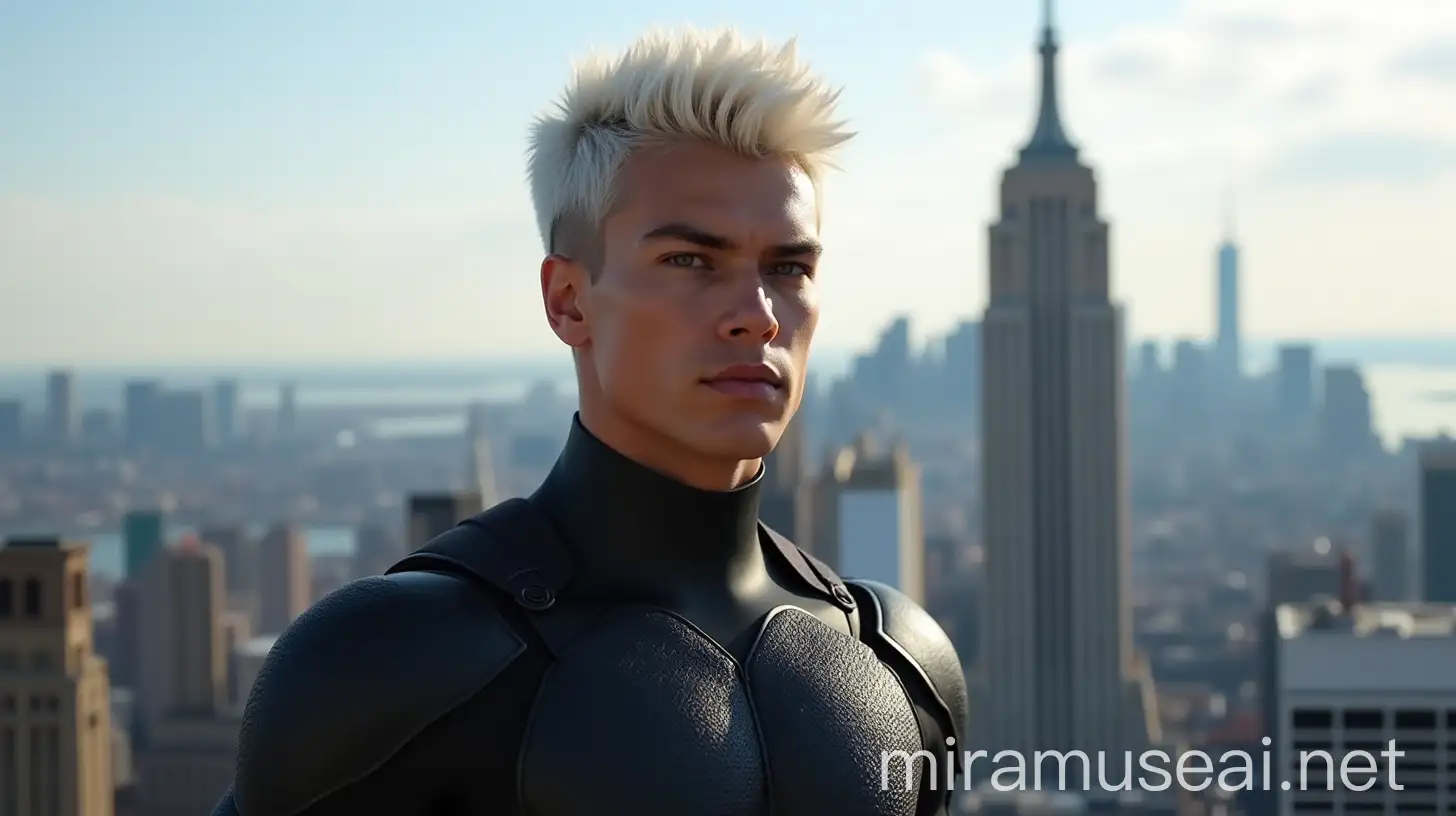 Realistic Young Man in White Hair Black Suit Armor Lycra Superhero Costume with New York City Skylines Background