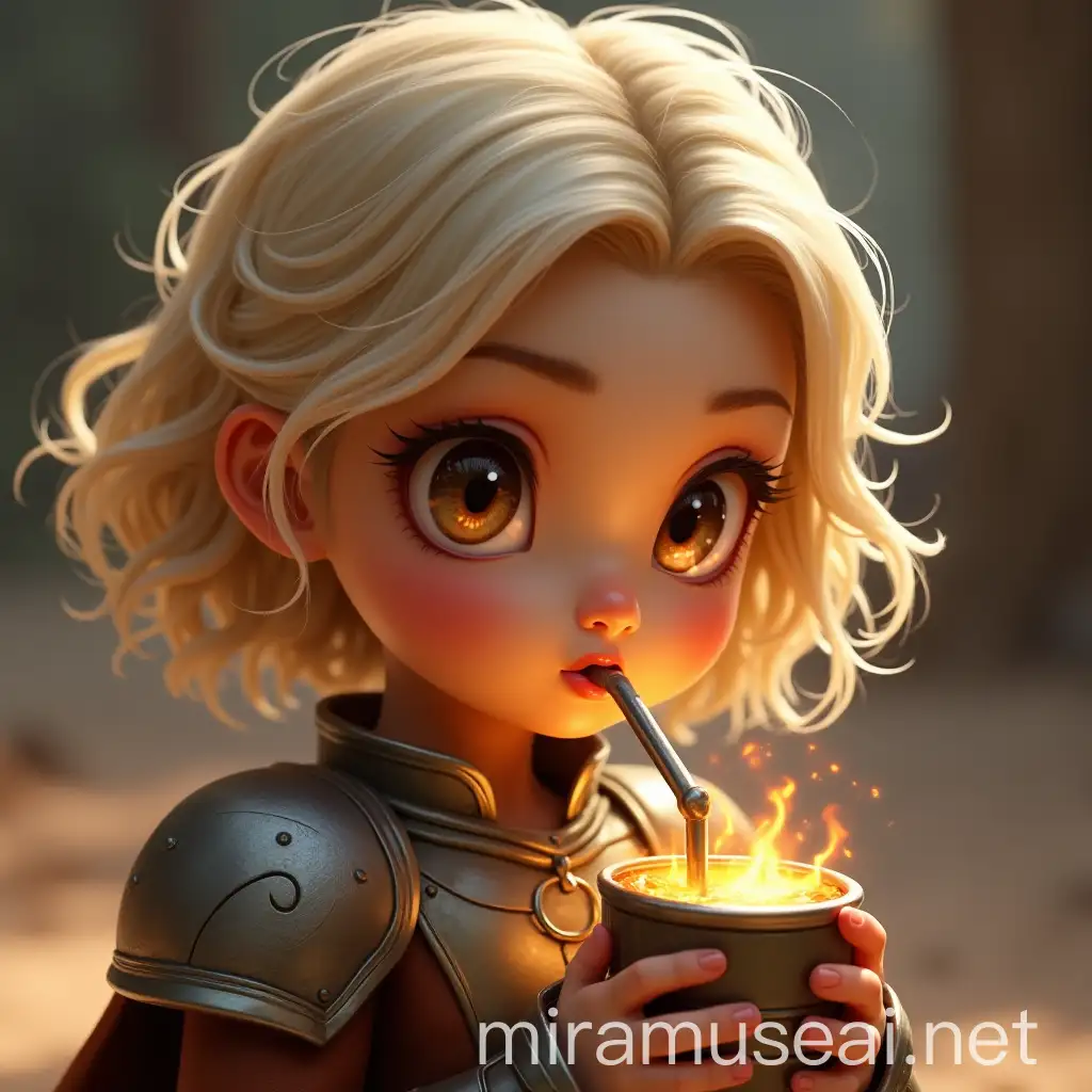 Fierce Blonde Girl in Warrior Metallic Clothing with Cup and Straw