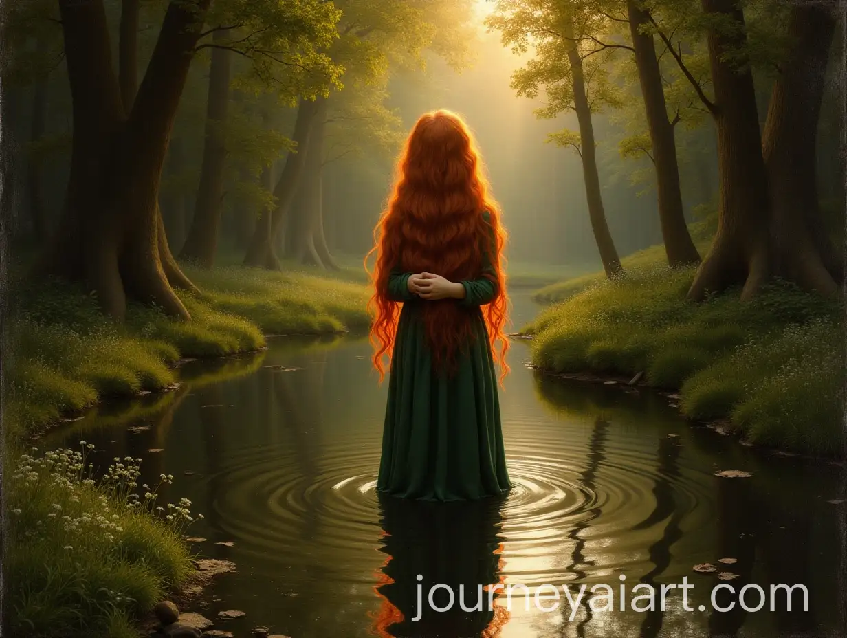 Elfen-Girl-Standing-in-Forest-Lake-with-Sunlight-Rays-Italian-Renaissance-Style