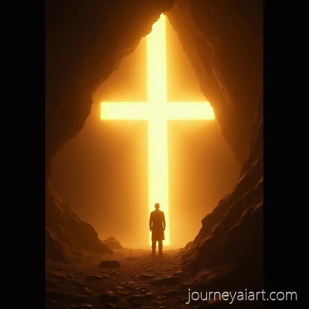 Cinematic-resurrection-posterPastor-Standing-at-the-CrossShaped-Cave-Entrance-with-Glowing-Sunlight-Symbolizing-Resurrection