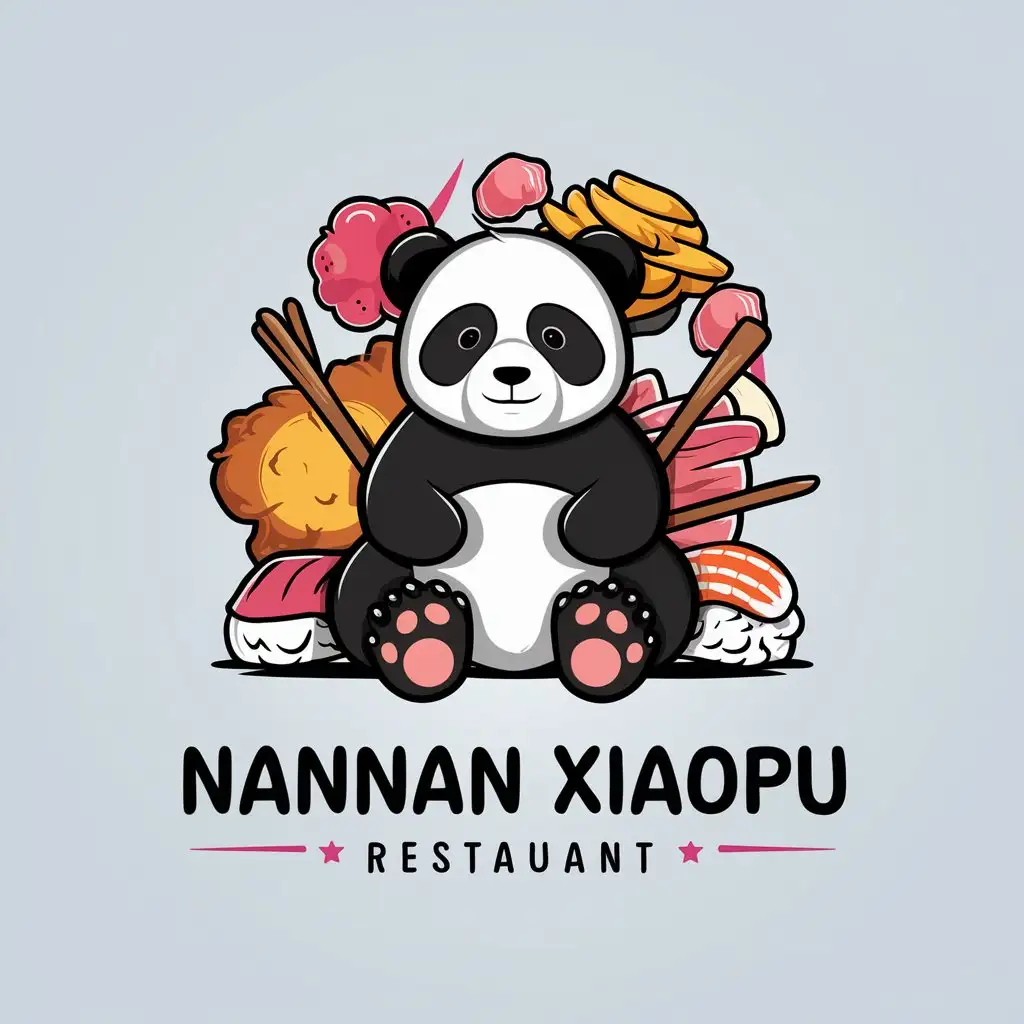 a vector logo design,with the text "NanNan XiaoPu", main symbol:a panda surrounded by fried food, sweets, sushi,complex,be used in Restaurant industry,clear background