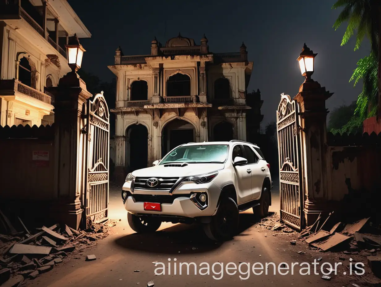 at dark night near an Indian street a broken big mansion with an old iron gate with broken walls, a toyota fortuner car white color is standing there