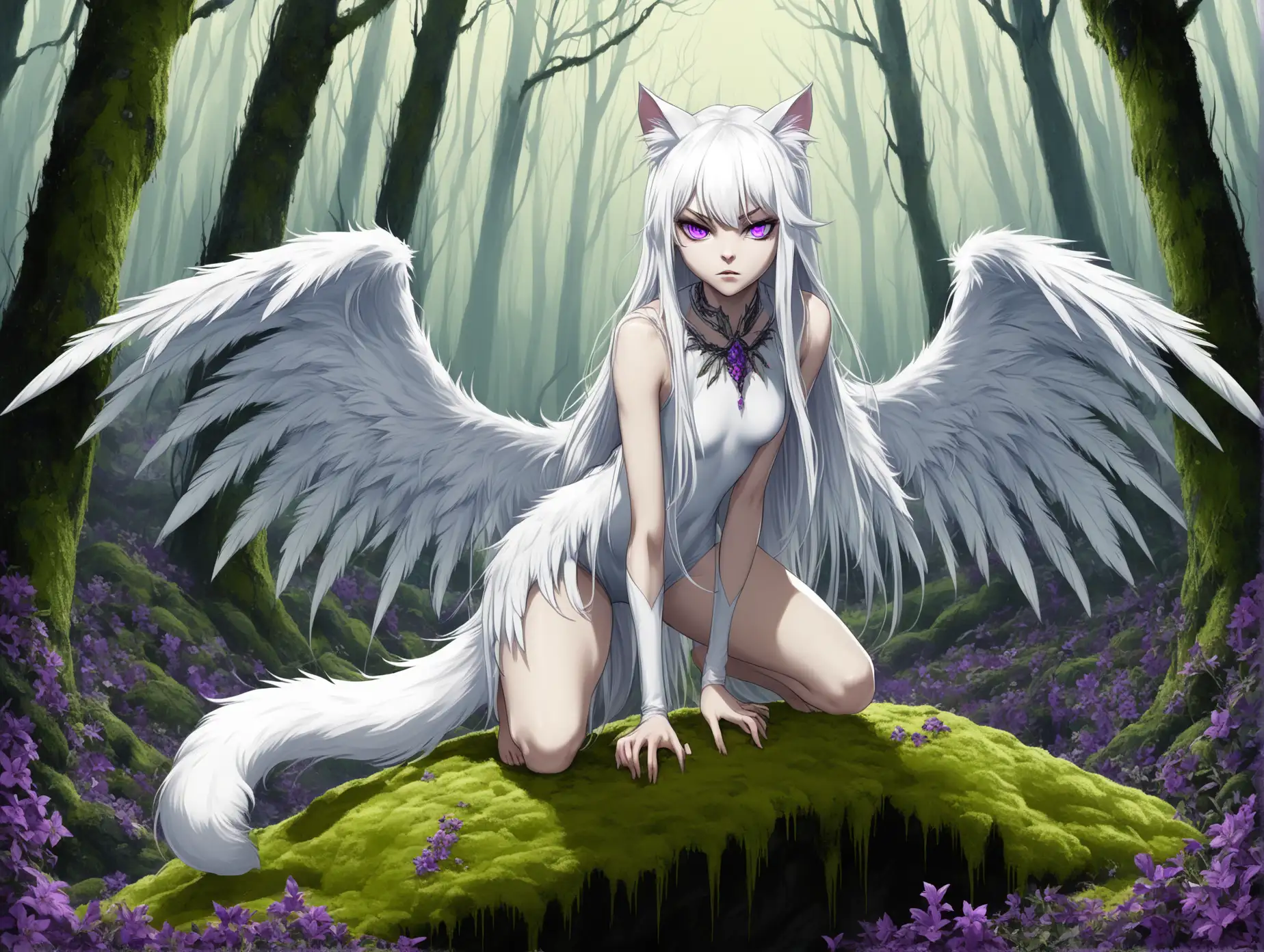 Young-Woman-with-WhiteAI-Image-Prompt-Expansion-Feather-Wings-in-a-Mossy-Forest-Preparing-to-Pounce