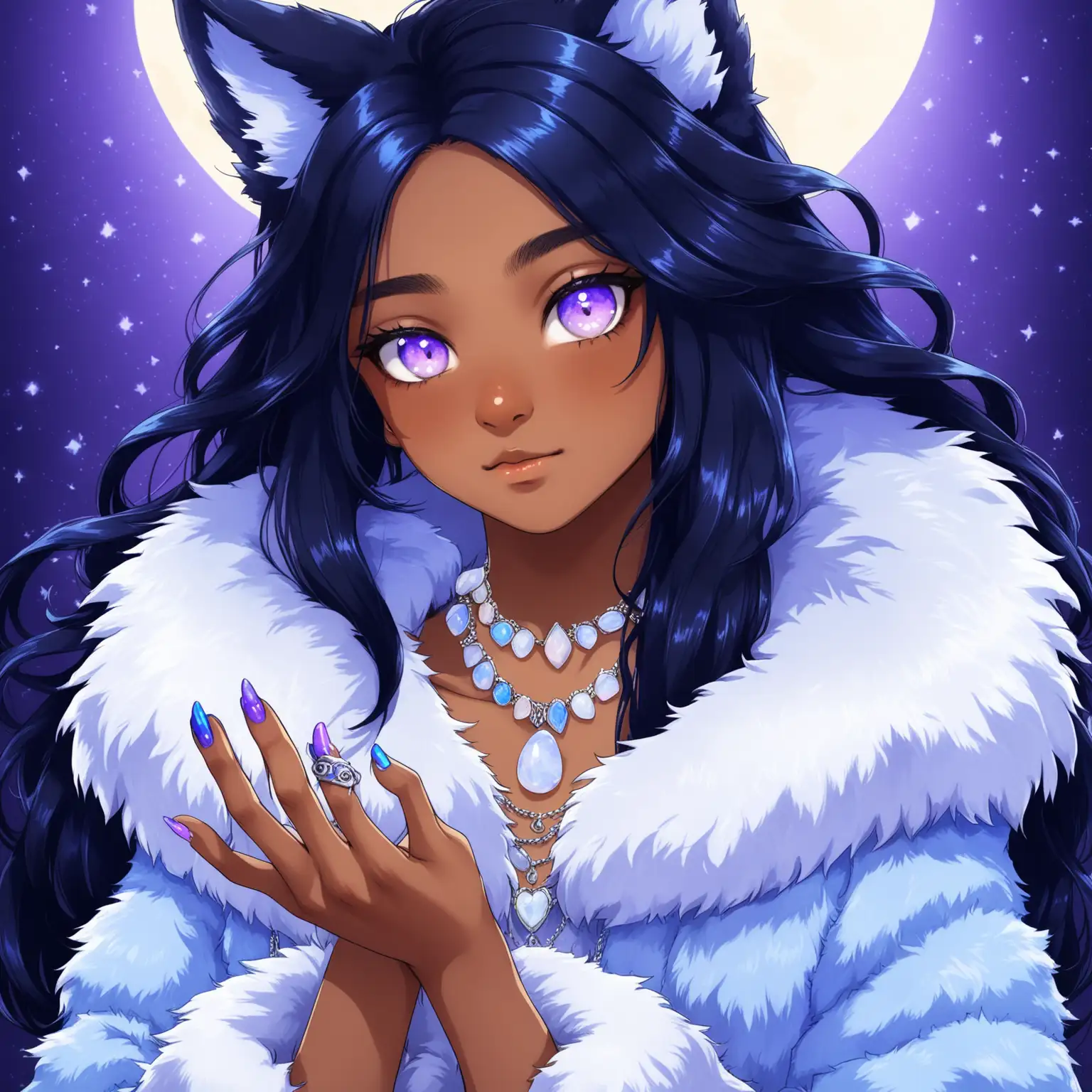 Brown Skinned Teenage Girl with Wolf Ears and Moonstone Necklace in Fluffy Jacket