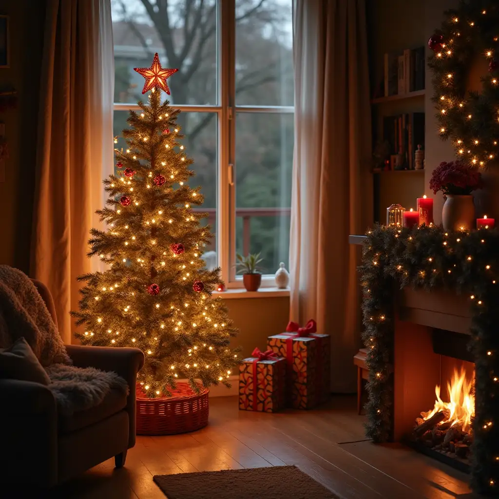 create a photograph with new year tree and coziness