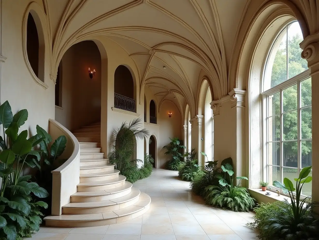 crooked house interior planting-with stucco in the form of plant ornaments, large windows with glass closed, curved, smooth window shapes, winding grand entrance stairs made of marble Complex curved roof with dike,Lanterns,Bank,and a woman 